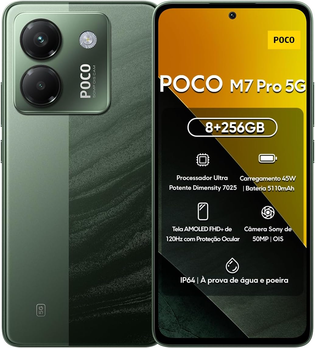 Xiaomi-Smartphone-POCO-M7-Pro-5G-256GB-8GB12GB-RAM.jpg Xiaomi Smartphone POCO M7 Pro 5G 256GB | 8GB/12GB RAM | Processador Ultra Potente Dimensity 7025 | Tela AMOLED FHD+ 120Hz com Proteção Ocular | Bateria 5110mAh com 45W Turbo Charge (Verde, 8+256GB)