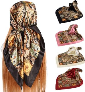 upeilxd Feminino 4 Peças Lenços de Cabeça de Seda para Lenço de Cabelo de Cetim 35 ”Grande Quadrado Bandana Seda Como Lenço de Pescoço Xale Lenço de Dormir (Preto/Vermelho/Rosa/Bege)
