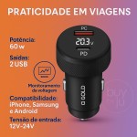 Carregador Automotivo Turbo 60W com USB + Tipo-C Power Delivery & Quick Charge 3.0 | Carregamento Rápido iOS e Android Premium + Cabo Tipo-C Incluso - Imagem 5