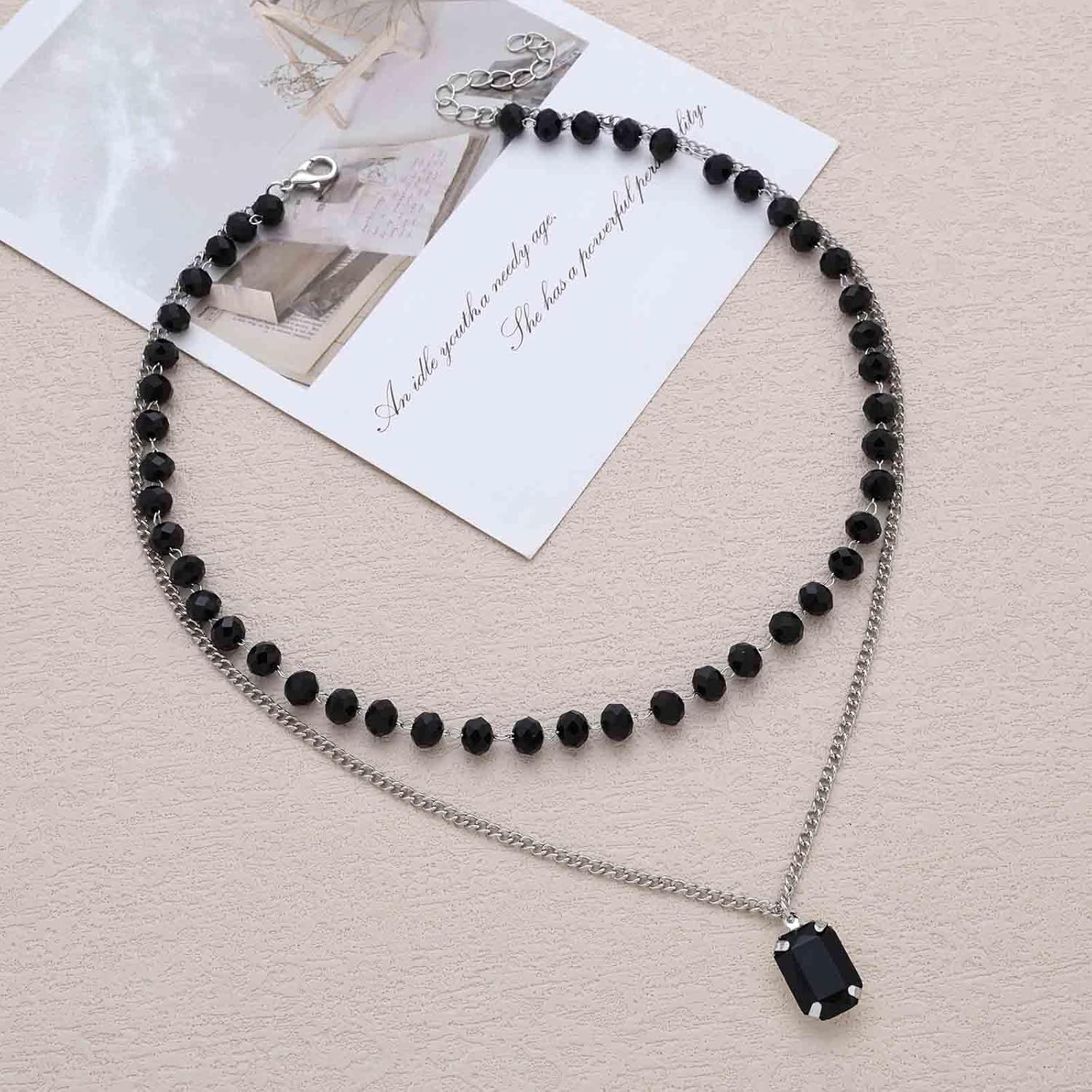 Colar gargantilha de ônix preto vintage com pingente quadrado, corrente de contas de estação preta, colar de pedras preciosas quadradas, joias femininas - Imagem 3