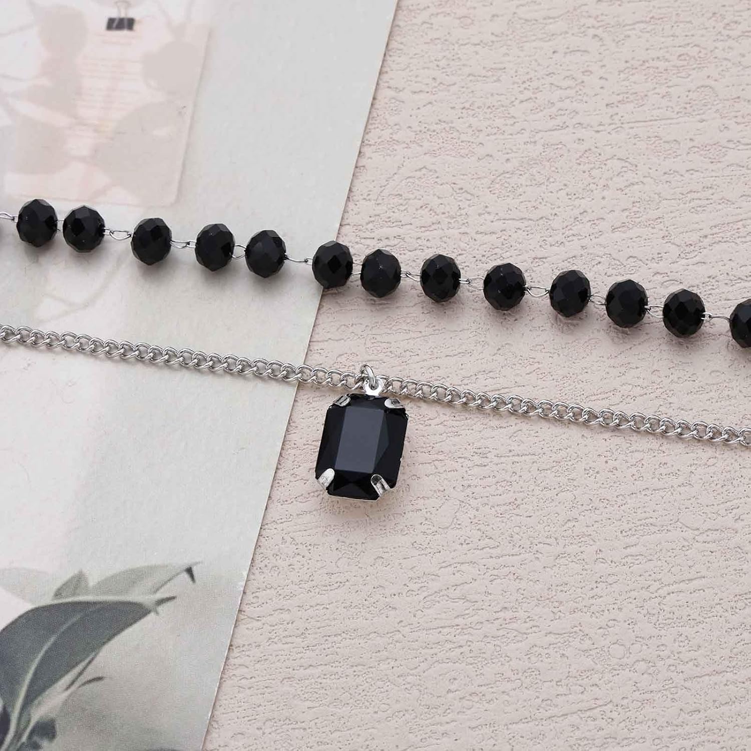 Colar gargantilha de ônix preto vintage com pingente quadrado, corrente de contas de estação preta, colar de pedras preciosas quadradas, joias femininas - Imagem 5