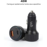 WB Carregador USB-C e USB-A rápido Veicular com duas entradas 48W, Preto - Imagem 3