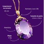 Colar Feminino Luxo "Ametista" – Prata Banhada a Ouro 18K, Pingente de Cristal Ametista e Zircônias – Joia Fina, Elegante e Sofisticada – Acompanha Bolsa de Veludo - Imagem 3