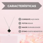 Gargantilha Trevo Preto Colar Feminino Aço Inox Prateado - Imagem 4