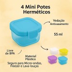 Kit 4 Potes Herméticos 55 ml para Lanche e Papinha Mini Potinhos BPA-Free com Tampa Antivazamento Freezer, Micro-ondas e Lava-Louças Para Bebês, Lancheira, Viagens e Organização - Imagem 3