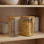 Kit 2 Potes de Vidro Hermético 700ml com Tampa de Bambu e Colher, Transparente, Quadrado, Vedação Hermética, para Armazenamento de Alimentos - Imagem 3