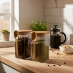 Kit 2 Potes de Vidro Hermético 700ml com Tampa de Bambu e Colher, Transparente, Quadrado, Vedação Hermética, para Armazenamento de Alimentos - Imagem 4