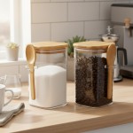 Kit 2 Potes de Vidro Hermético 700ml com Tampa de Bambu e Colher, Transparente, Quadrado, Vedação Hermética, para Armazenamento de Alimentos - Imagem 6