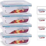 KIT 4 Potes de Vidro Retangular com Tampa Hermética 1040ml Cor:Azul (QH)