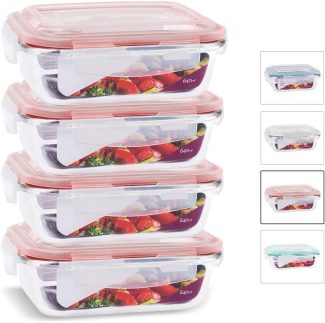 KIT 4 Potes de Vidro Retangular com Tampa Hermética 640ml Cor:Vermelho (QH)
