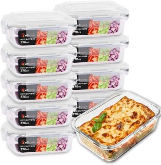 KIT 10 Potes de Vidro Retangular com Tampa Hermética 370ml (Transparente)