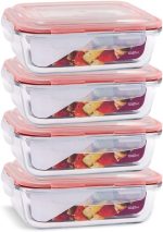 KIT 4 Potes de Vidro Retangular com Tampa Hermética 1040ml Cor:Vermelho (QH)