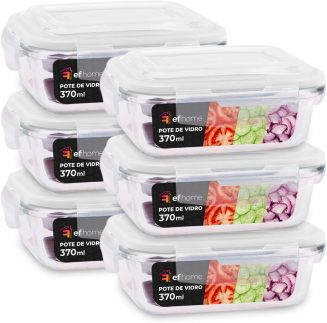 KIT 6 Potes de Vidro Retangular com Tampa Hermética 370ml (Transparente)