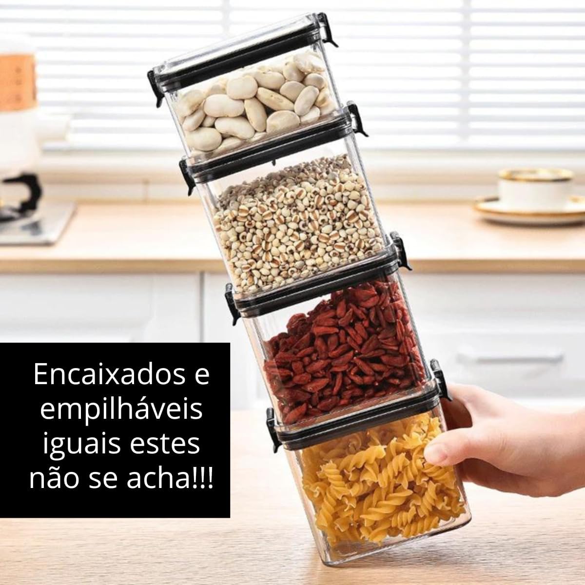 Kit 10 Potes Herméticos C/Trava de Segurança Vedação de Borracha Porta Mantimentos Empilháveis + Etiquetas Lousa para Identificação - Imagem 7