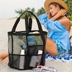 Bolsa de praia de malha extragrande, bolsa dobrável leve com vários bolsos para viagem à praia em família, piscina, viagem, preta - Imagem 3
