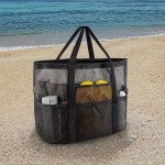 Bolsa de praia de malha extragrande, bolsa dobrável leve com vários bolsos para viagem à praia em família, piscina, viagem, preta - Imagem 7