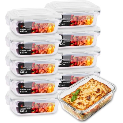 KIT 10 Potes de Vidro Retangular com Tampa Hermética 640ml (Transparente, Minimalista, 640 ml, Retangular, 17 cm x 12.5 cm x 6 cm)