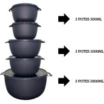 Kit 5 Potes Plastico Redondos Bowl Livre Bpa 3 Tamanhos, Vasilha com Tampa (Preto) - Imagem 5