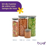 Kit 4 potes de vidro com tampa inox hermético 210ml, 550ml, 950ml e 1,7L - Tud - Imagem 3