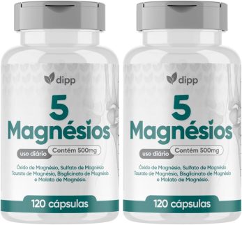 5 Magnésios – Fórmula Completa com Óxido, Sulfato, Taurato, Bisglicinato e Malato – Alta Absorção – 120 Cápsulas kit com 2 Frascos