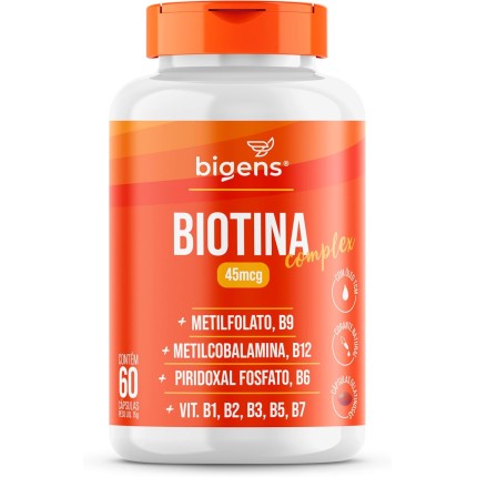 Biotina Complex, Vitaminas B1, B2, B3, B5, B6, B7, Metil B9 e Metil B12, Formulado com TCM, 60 Caps, Bigens