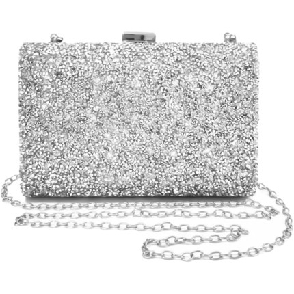 Bolsa Clutch Festa Feminina Prata Full Diamond Estilo Hip-Hop Mão Ombro Transversal Com Correntes Removíveis