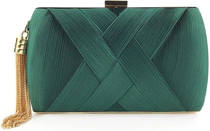 Bolsa Clutch Festa Feminina Verde Poliéster Textura Tramado Woven Mão Ombro Transversal Com Correntes Removíveis