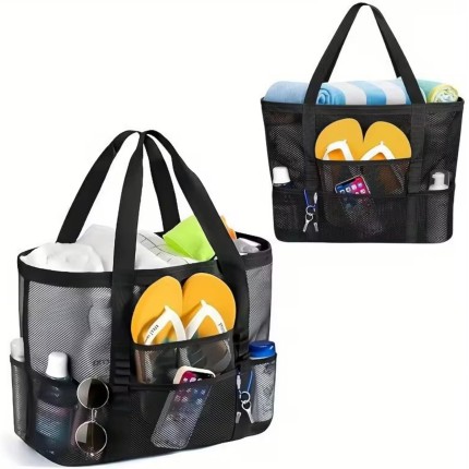 Bolsa de praia de malha extragrande, bolsa dobrável leve com vários bolsos para viagem à praia em família, piscina, viagem, preta