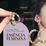 Brinco Argola Feminino com Pedra Opala Natural e Zircônias "Classic Fine" – Banhado a Ouro 18k – Acessório Elegante – Joia Clássica e Sofisticada – Acompanha Bolsa de Veludo - Imagem 2