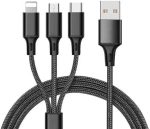 Cabo de carregamento múltiplo, cabo de carregamento USB 3 em 3 m para vários dispositivos, cabo de carregamento universal trançado para celular com porta micro USB IP tipo C