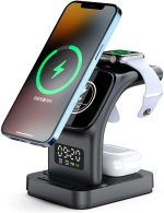 Carregador Sem Fio 5 Em 1 Para iPhone, Para Apple Watch e Para AirPods Estação de Carregamento Rápido Com Relôgio, Despertador e Luz Noturna (Preto)