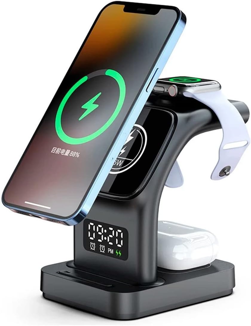 Carregador-Sem-Fio-5-Em-1-Para-iPhone-Para-Apple.jpg Carregador Sem Fio 5 Em 1 Para iPhone, Para Apple Watch e Para AirPods Estação de Carregamento Rápido Com Relôgio, Despertador e Luz Noturna (Preto)