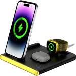 Carregador Sem Fio Mag-Safe Rápido, Indução, Wireless, 4 em 1, 15W Dobrável, Estação de Carregamento Compatível com iPhone Apple Watch AirPods com Abajur LED (Preto)