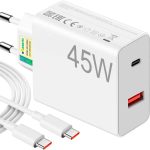 Carregador Universal Super Turbo 45W - 2 Saídas USB-C e USB-A, acompanha Cabo Emborrachado de 1M Ultra Rapido (Tipo-C para Tipo-C), Compatível com iPhone 15 e 16 e todos os Android