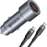 Carregador Veicular Premium Turbo 60W Combinado de Duas Saídas USB-C Acompanha Cabo Dual Tipo-C com Carregamento Rápido