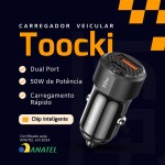 Carregador Veicular Toocki Dual Port 50w com Carregamento Rápido QC3.0 + PD - Preto - Imagem 2
