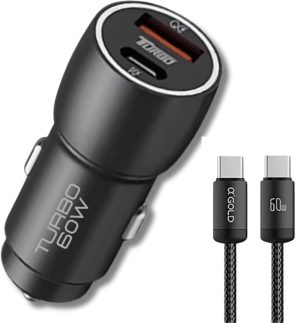Carregador Veicular Turbo 60W Para Automóvel Carregador de Carro Duas Entradas com Carregamento Super Rápido Cabo USB-C Nylon 60w Premium Compatível Com IOS E ANDROID Compatibilidade Universal