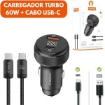 Carregador Veicular Turbo 60W Para Automóvel Carregador de Carro Duas Entradas com Carregamento Super Rápido + Cabo USB-C Premium Compatível Com Dispositivos IOS e Android - Imagem 2