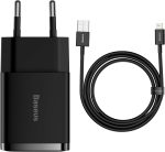 Carregador de Parede Baseus Compact 2U 10.5W Preto(com cabo lightning Baseus superrior series 1m preto)