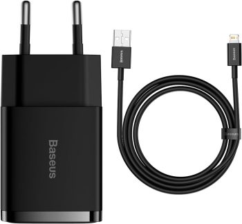 Carregador de Parede Baseus Compact 2U 10.5W Preto(com cabo lightning Baseus superrior series 1m preto)