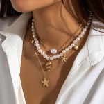 Colar Buzios Kit Feminino Dourado Concha Espiral Estrela do Mar Pérola-Gargantilha Choker Pingente Trio Corrente Fina Delicado Sereia-Colar Presente Praiano Viagem Verão Mar - Imagem 2
