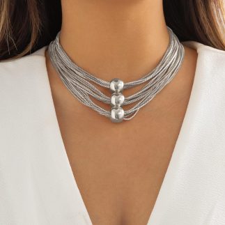Colar Corrente Grossa Dourada Prata Triplo Bolinha Feminino-Choker Gargantilha Bicolor Camadas Malha Veneziana Pingente Bolas Ajustável -Presente Multi-Fios Esferas Datas Especiais Festa Versátil