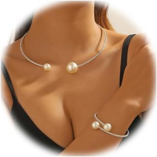 Colar de gargantilha aberta de metal com pérolas prateadas ajustáveis para mulheres, colar redondo aberto com punho elegante, colar de punho para mulheres (prata-strass), Strass, Pérola