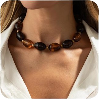 Colar feminino com contas estilo boho Maillard – contas ovais de resina grossa com detalhes dourados, joia de declaração em tons quentes, colar gargantilha ajustável