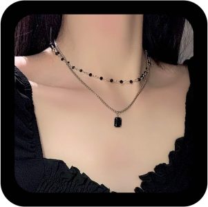 Colar gargantilha de ônix preto vintage com pingente quadrado, corrente de contas de estação preta, colar de pedras preciosas quadradas, joias femininas