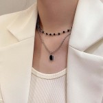 Colar gargantilha de ônix preto vintage com pingente quadrado, corrente de contas de estação preta, colar de pedras preciosas quadradas, joias femininas - Imagem 2