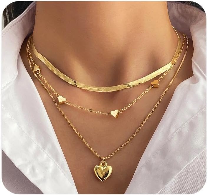 Colar-gargantilha-feminina-com-contas-de-coracao-dourado-em-camadas.jpg Colar gargantilha feminina com contas de coração dourado em camadas, espinha de peixe, pingente de amor, colar de espinha de peixe empilhável, dia dos namorados, acessórios para banquete