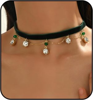 Colar gargantilha verde para mulheres, gargantilha de veludo, gargantilhas de renda gótica, pedra do mês de nascimento, colar com pingente vintage, bruxa, noiva, vampiro, acessórios estéticos, joias
