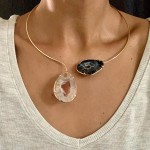 Conjunto Feminino Choker Zuri Bracelete Duplo Pedra Natural Geodo Fatiado Bege e Preto Acessórios Femininos Maxi Colar Gargantilha Cristais - Imagem 2