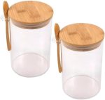 Conjunto de 2 Potes de Vidro Borossalicato com Tampa de Bambu e Colher Kit 2 Recipientes Herméticos para Armazenamento de Temperos Açucar Café Sal Linha Premium